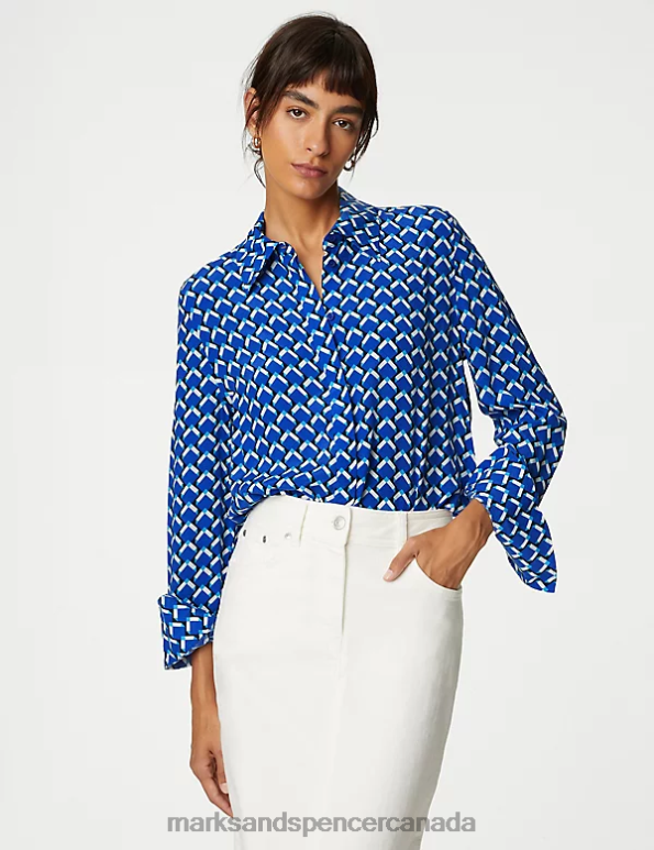 Marks and Spencer near me - Women Blue Mix Clothing Marks & Spencer Cupro Rich Geometric Collared Shirt 20VTD253