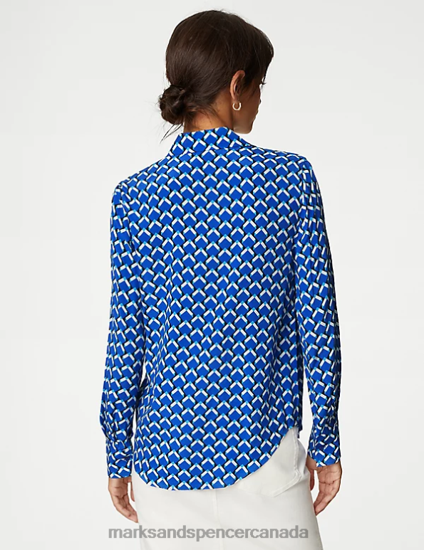 Marks and Spencer near me - Women Blue Mix Clothing Marks & Spencer Cupro Rich Geometric Collared Shirt 20VTD253