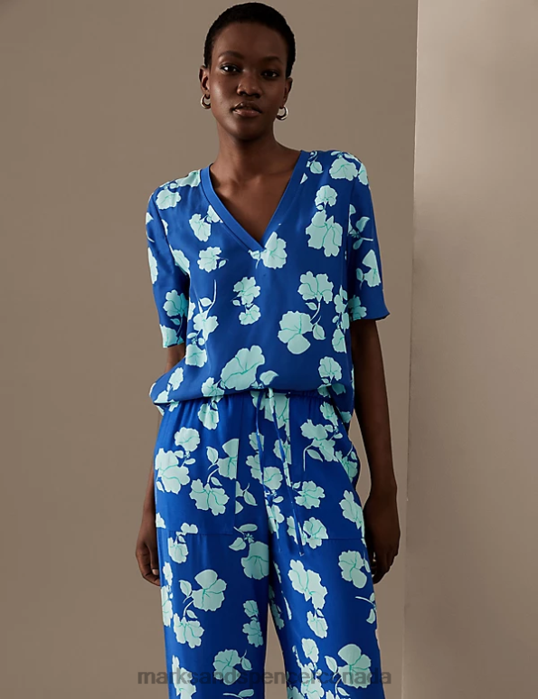Marks and Spencer Canada - Women Blue Mix Clothing Marks & Spencer Cupro Rich Printed V-Neck Blouse 20VTD1536