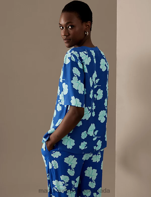 Marks and Spencer Canada - Women Blue Mix Clothing Marks & Spencer Cupro Rich Printed V-Neck Blouse 20VTD1536