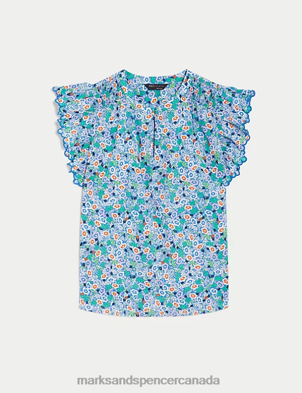 Marks and Spencer Canada - Women Blue Mix Clothing Marks & Spencer Floral V-Neck Ruffle Blouse 20VTD708