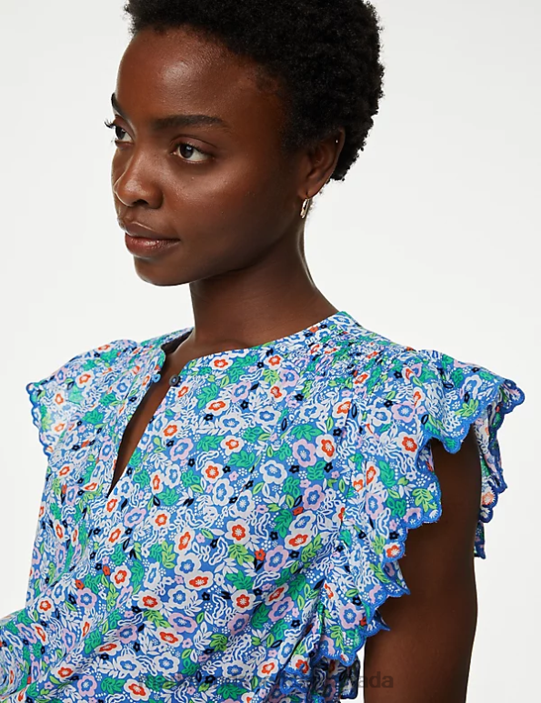 Marks and Spencer Canada - Women Blue Mix Clothing Marks & Spencer Floral V-Neck Ruffle Blouse 20VTD708