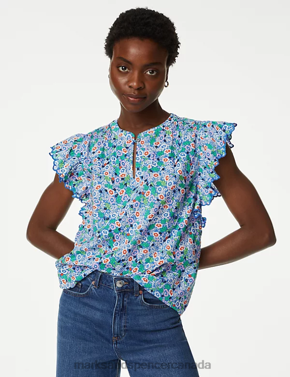 Marks and Spencer Canada - Women Blue Mix Clothing Marks & Spencer Floral V-Neck Ruffle Blouse 20VTD708