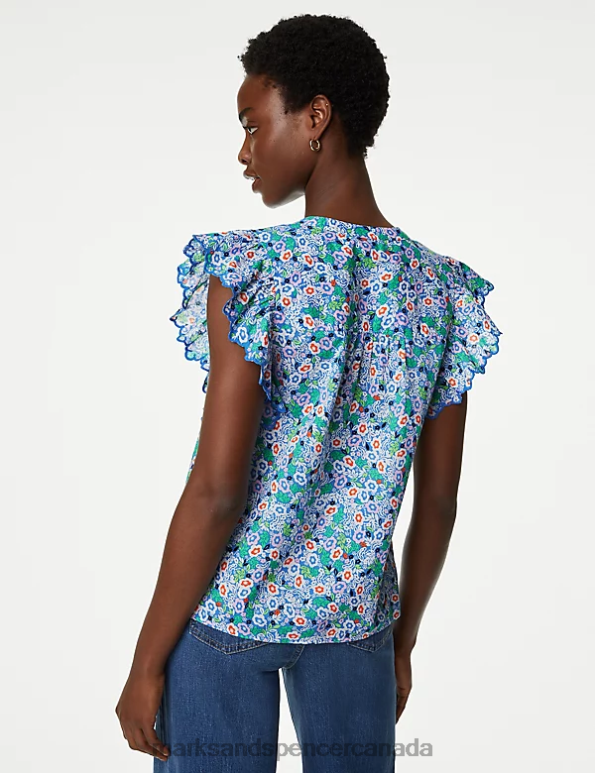 Marks and Spencer Canada - Women Blue Mix Clothing Marks & Spencer Floral V-Neck Ruffle Blouse 20VTD708