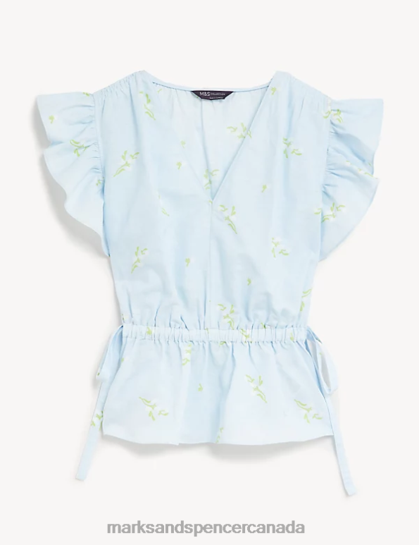 Women Blue Mix Clothing Marks & Spencer Linen Blend Frill Detail Waisted Blouse 20VTD2255 - Marks and Spencer online