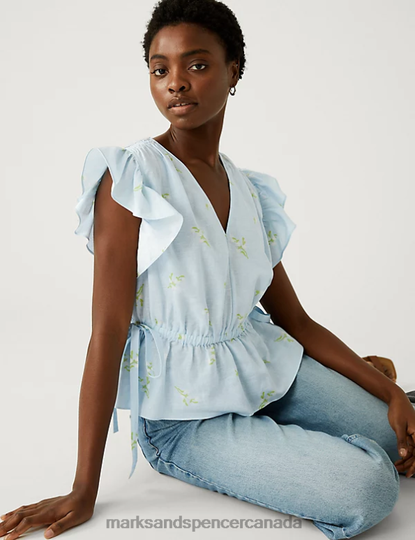 Women Blue Mix Clothing Marks & Spencer Linen Blend Frill Detail Waisted Blouse 20VTD2255 - Marks and Spencer online