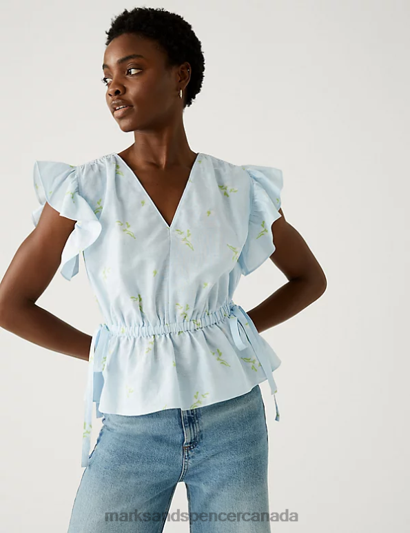 Women Blue Mix Clothing Marks & Spencer Linen Blend Frill Detail Waisted Blouse 20VTD2255 - Marks and Spencer online