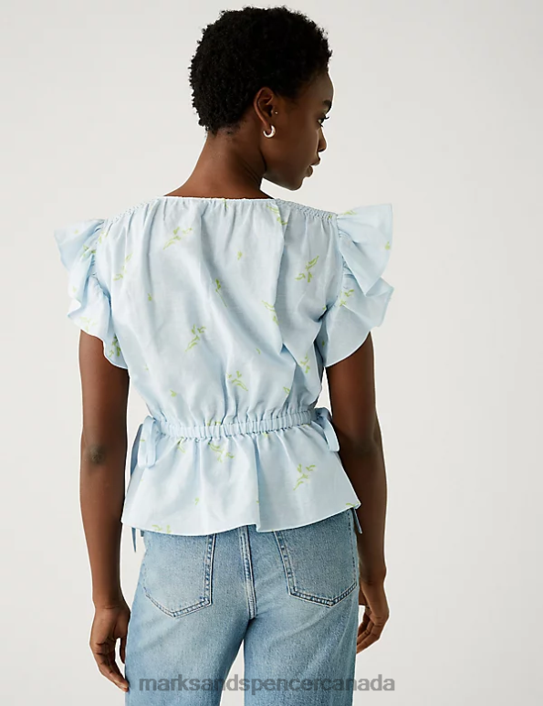 Women Blue Mix Clothing Marks & Spencer Linen Blend Frill Detail Waisted Blouse 20VTD2255 - Marks and Spencer online
