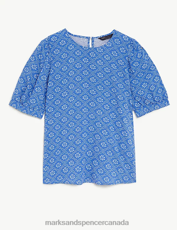 Women Blue Mix Clothing Marks & Spencer Printed Puff Sleeve Blouse 20VTD2848 - Marks and Spencer outlet