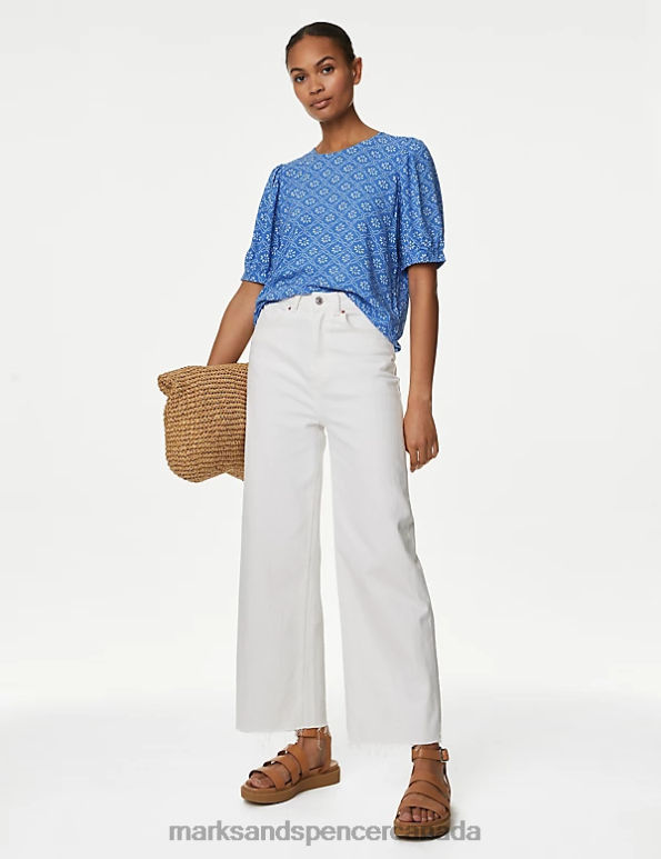 Women Blue Mix Clothing Marks & Spencer Printed Puff Sleeve Blouse 20VTD2848 - Marks and Spencer outlet