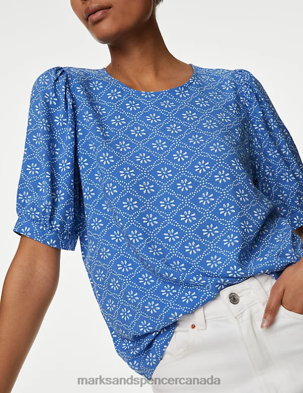 Women Blue Mix Clothing Marks & Spencer Printed Puff Sleeve Blouse 20VTD2848 - Marks and Spencer outlet