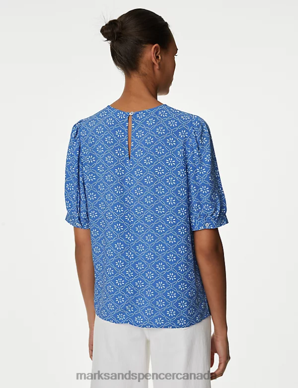 Women Blue Mix Clothing Marks & Spencer Printed Puff Sleeve Blouse 20VTD2848 - Marks and Spencer outlet