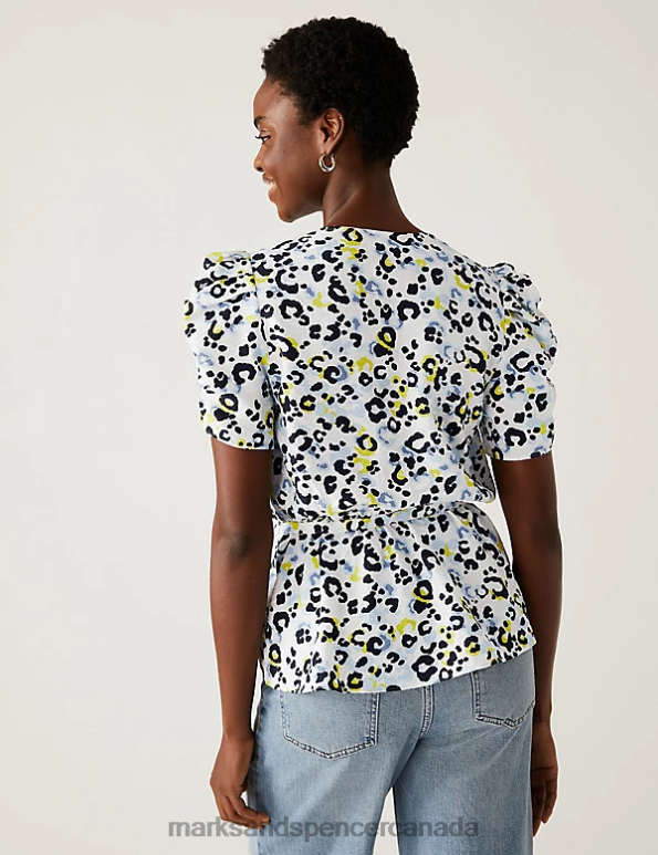 Women Blue Mix Clothing Marks & Spencer Printed V-Neck Wrap Top 20VTD1290 - Marks and Spencer Canada locations