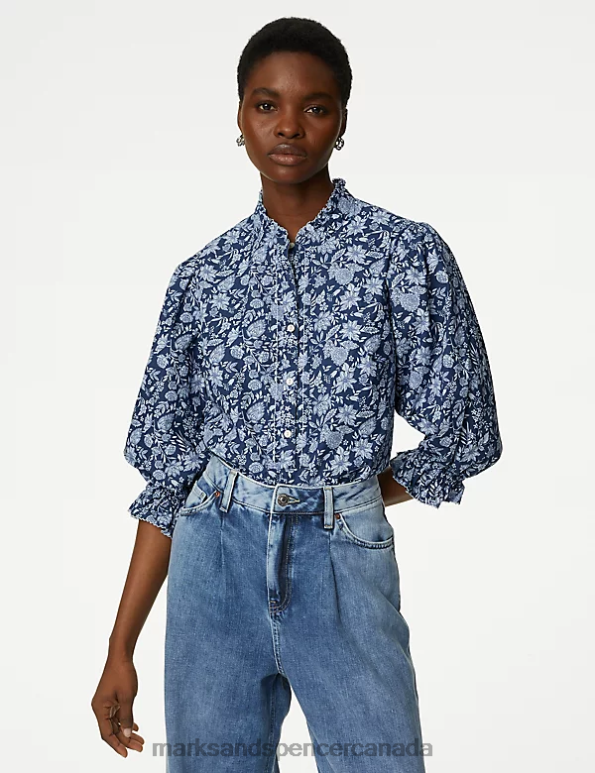 Women Blue Mix Clothing Marks & Spencer Pure Cotton Floral High Neck Blouse 20VTD74 - Marks and Spencer online