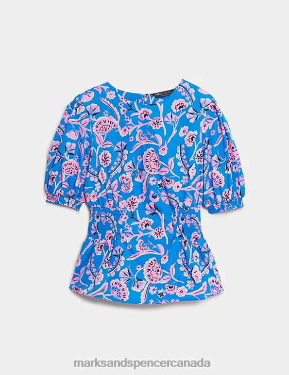 Marks and Spencer sale - Women Blue Mix Clothing Marks & Spencer Pure Cotton Printed Puff Sleeve Blouse 20VTD147
