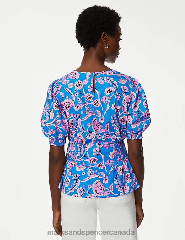 Marks and Spencer sale - Women Blue Mix Clothing Marks & Spencer Pure Cotton Printed Puff Sleeve Blouse 20VTD147