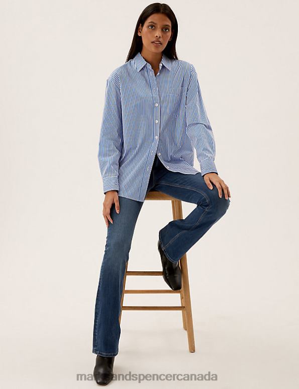 Marks and Spencer sale - Women Blue Mix Clothing Marks & Spencer Pure Cotton Striped Oversized Girlfriend Style Shirt 20VTD907