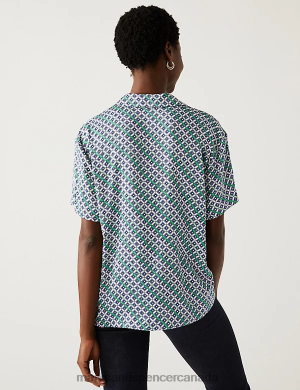 Women Blue Mix Clothing Marks & Spencer Satin Printed Collared Shirt 20VTD1310 - Marks and Spencer outlet