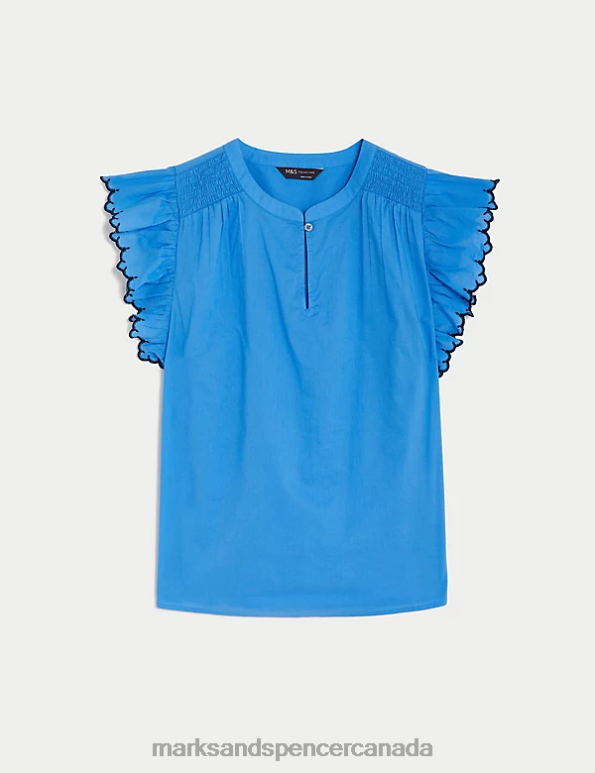 Marks and Spencer Canada - Women Bright Blue Clothing Marks & Spencer Pure Cotton V-Neck Frill Sleeve Blouse 20VTD294