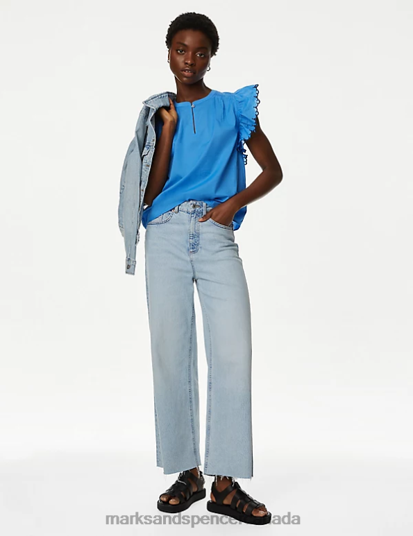 Marks and Spencer Canada - Women Bright Blue Clothing Marks & Spencer Pure Cotton V-Neck Frill Sleeve Blouse 20VTD294