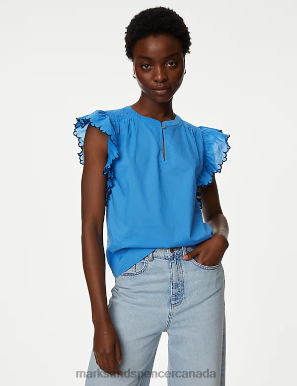 Marks and Spencer Canada - Women Bright Blue Clothing Marks & Spencer Pure Cotton V-Neck Frill Sleeve Blouse 20VTD294