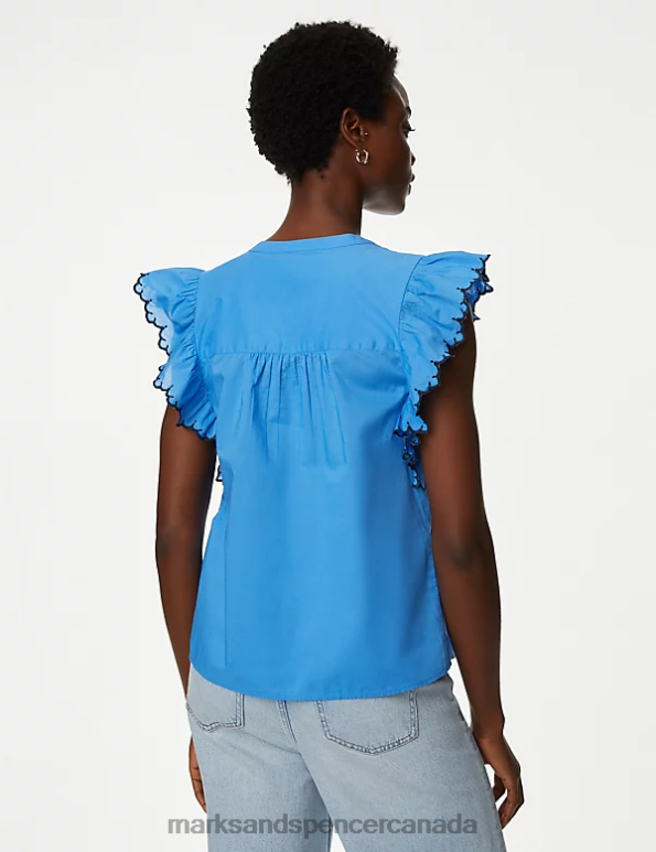 Marks and Spencer Canada - Women Bright Blue Clothing Marks & Spencer Pure Cotton V-Neck Frill Sleeve Blouse 20VTD294