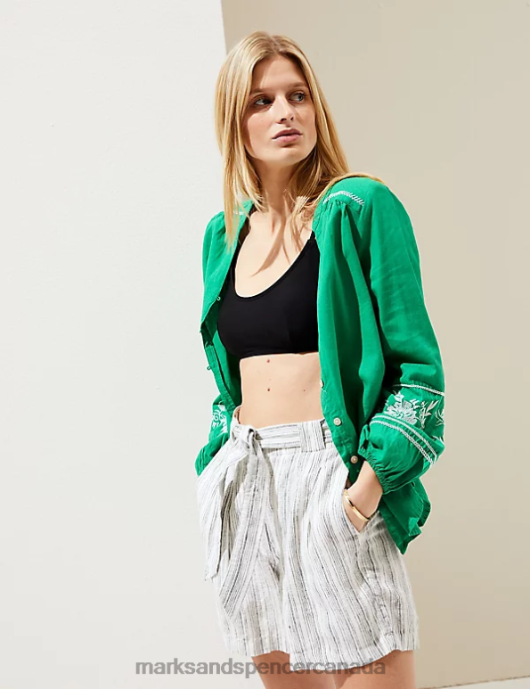 Marks and Spencer sale - Women Bright Green Clothing Marks & Spencer Linen Rich Embroidered V-Neck Blouse 20VTD1112