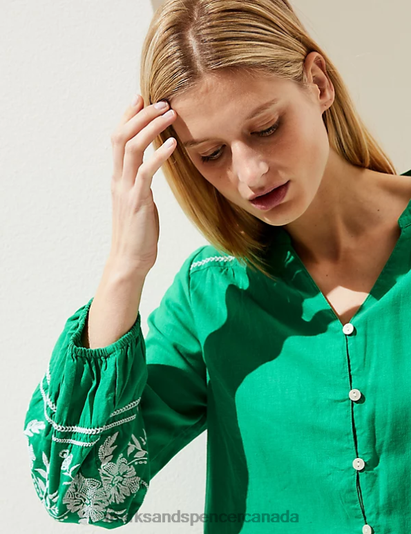 Marks and Spencer sale - Women Bright Green Clothing Marks & Spencer Linen Rich Embroidered V-Neck Blouse 20VTD1112