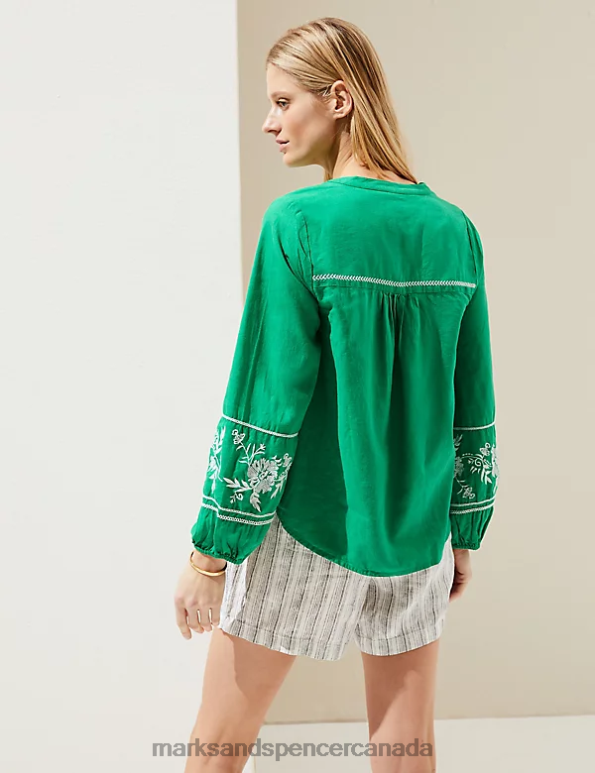 Marks and Spencer sale - Women Bright Green Clothing Marks & Spencer Linen Rich Embroidered V-Neck Blouse 20VTD1112