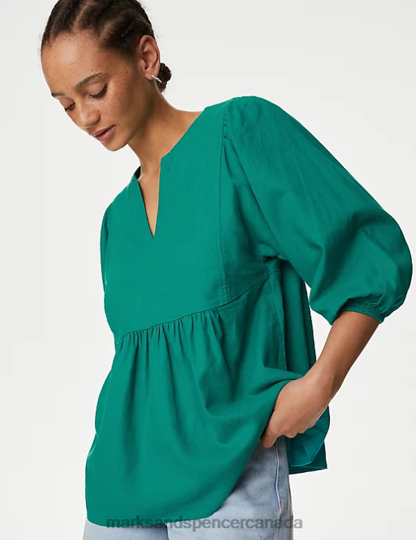 Marks and Spencer near me - Women Bright Green Clothing Marks & Spencer Linen Rich V-Neck Puff Sleeve Blouse 20VTD387