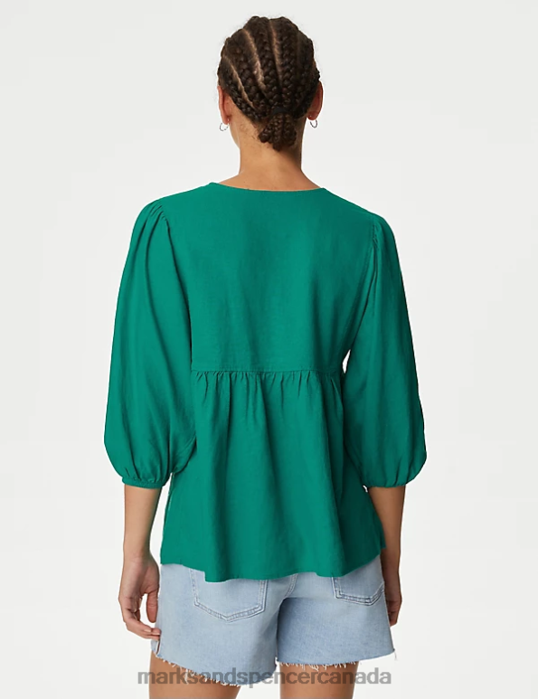 Marks and Spencer near me - Women Bright Green Clothing Marks & Spencer Linen Rich V-Neck Puff Sleeve Blouse 20VTD387