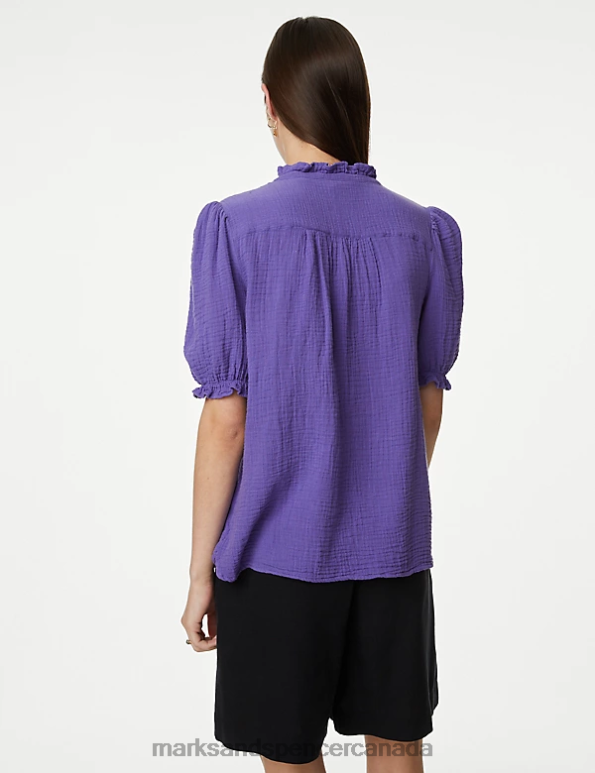 Marks and Spencer Canada - Women Bright Mauve Clothing Marks & Spencer Pure Cotton Textured Notch Neck Blouse 20VTD2131