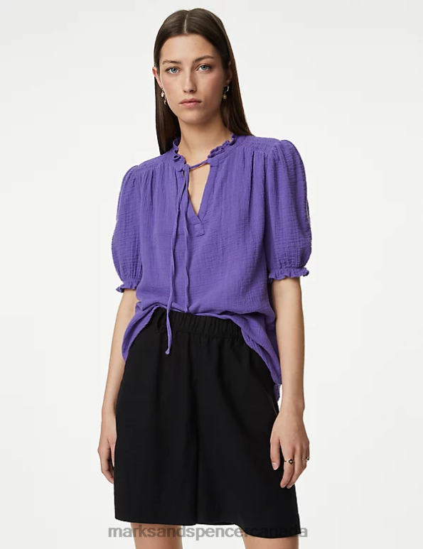 Marks and Spencer Canada - Women Bright Mauve Clothing Marks & Spencer Pure Cotton Textured Notch Neck Blouse 20VTD2131