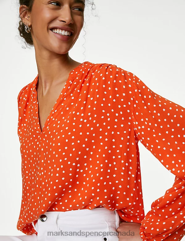 Marks and Spencer sale - Women Bright Orange Clothing Marks & Spencer Printed Regular Fit Long Sleeve Blouse 20VTD836