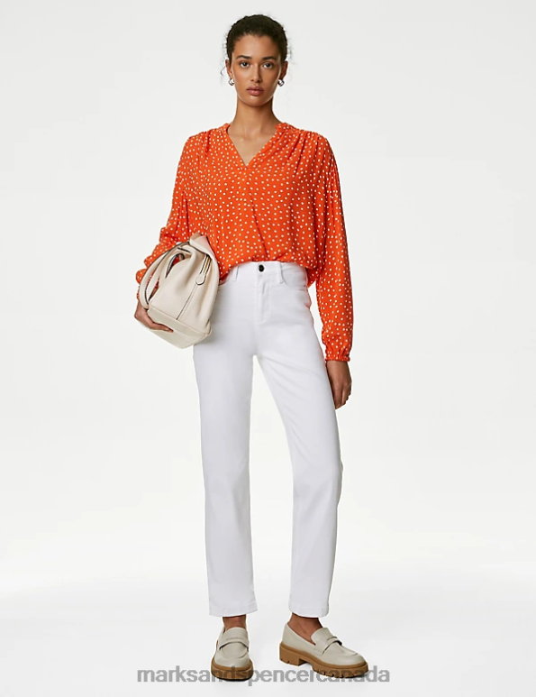 Marks and Spencer sale - Women Bright Orange Clothing Marks & Spencer Printed Regular Fit Long Sleeve Blouse 20VTD836