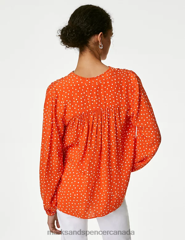 Marks and Spencer sale - Women Bright Orange Clothing Marks & Spencer Printed Regular Fit Long Sleeve Blouse 20VTD836