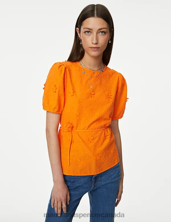Women Bright Orange Clothing Marks & Spencer Pure Cotton Floral Textured Blouse 20VTD832 - Marks and Spencer outlet