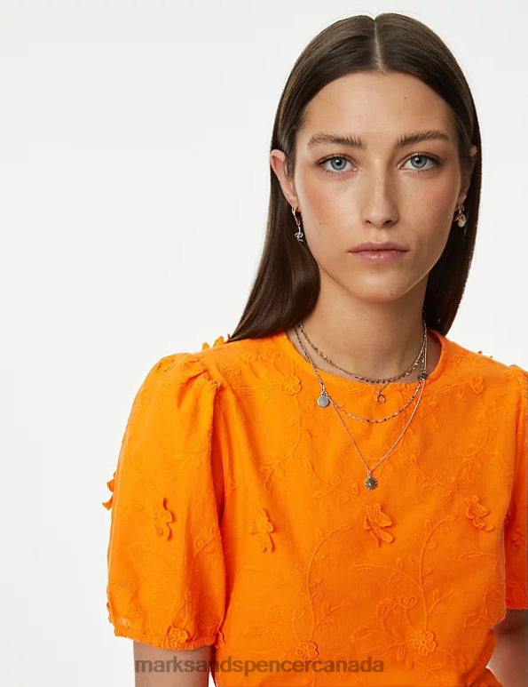 Women Bright Orange Clothing Marks & Spencer Pure Cotton Floral Textured Blouse 20VTD832 - Marks and Spencer outlet