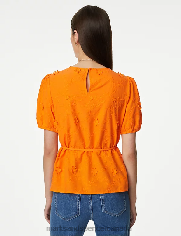 Women Bright Orange Clothing Marks & Spencer Pure Cotton Floral Textured Blouse 20VTD832 - Marks and Spencer outlet