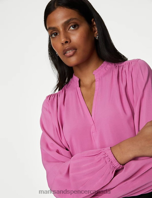 Women Bright Rose Clothing Marks & Spencer Collarless Regular Fit Long Sleeve Blouse 20VTD2597 - Marks and Spencer Canada locations