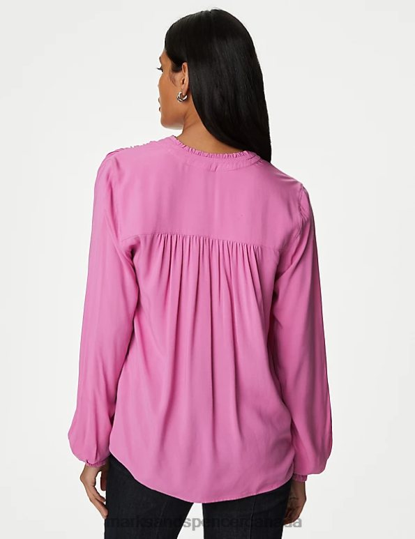 Women Bright Rose Clothing Marks & Spencer Collarless Regular Fit Long Sleeve Blouse 20VTD2597 - Marks and Spencer Canada locations