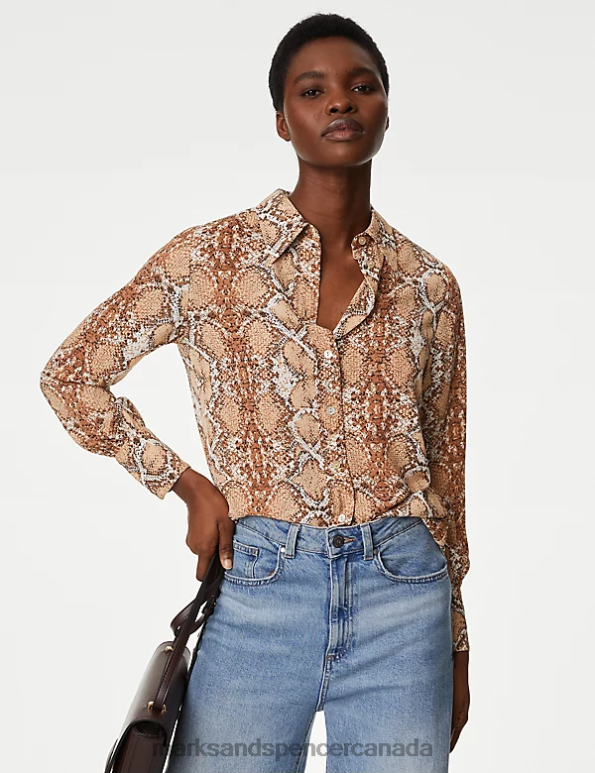 Marks and Spencer Canada - Women Brown Mix Clothing Marks & Spencer Printed Collared Shirt 20VTD488