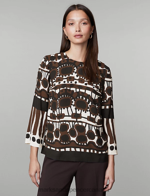 Marks and Spencer sale - Women Brown Mix Clothing Marks & Spencer Printed Crew Neck Blouse 20VTD68