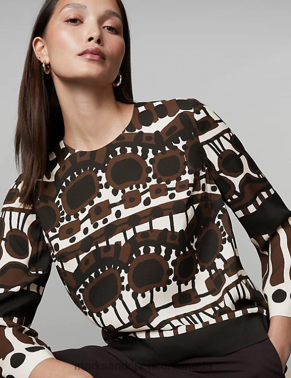 Marks and Spencer sale - Women Brown Mix Clothing Marks & Spencer Printed Crew Neck Blouse 20VTD68