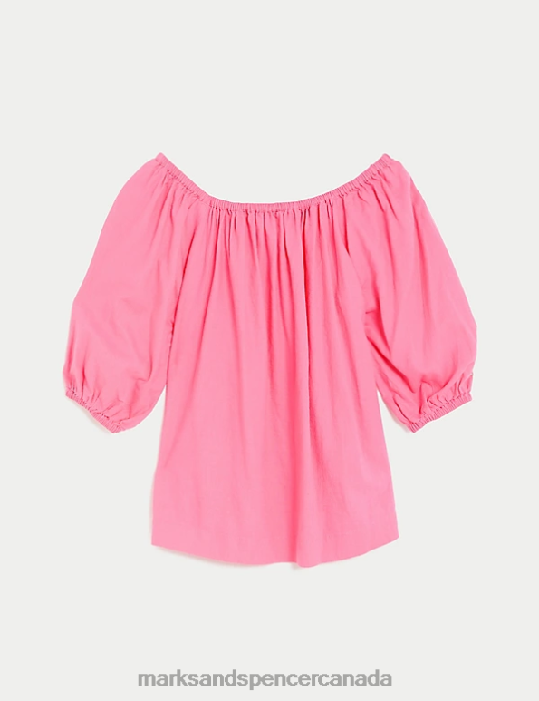 Marks and Spencer Canada - Women Bubblegum Pink Clothing Marks & Spencer Linen Rich Bardot Puff Sleeve Blouse 20VTD2767