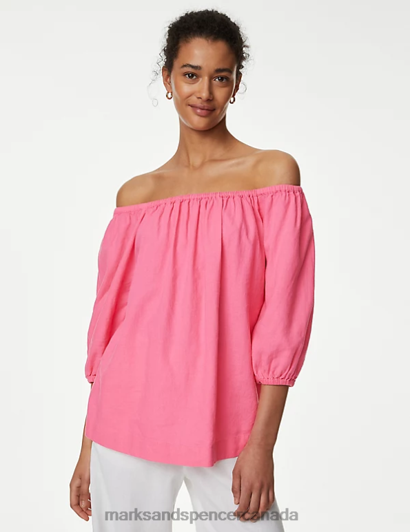 Marks and Spencer Canada - Women Bubblegum Pink Clothing Marks & Spencer Linen Rich Bardot Puff Sleeve Blouse 20VTD2767