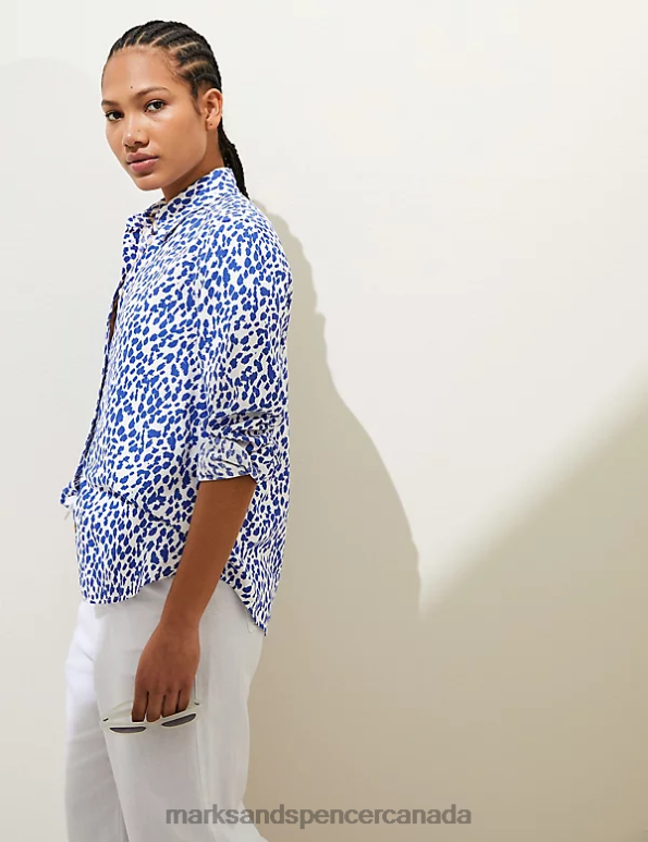 Women Dark Blue Mix Clothing Marks & Spencer Linen Rich Printed Collared Shirt 20VTD1436 - Marks and Spencer Canada locations