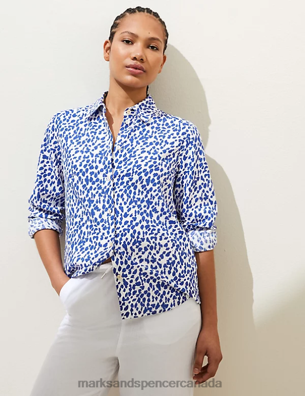 Women Dark Blue Mix Clothing Marks & Spencer Linen Rich Printed Collared Shirt 20VTD1436 - Marks and Spencer Canada locations