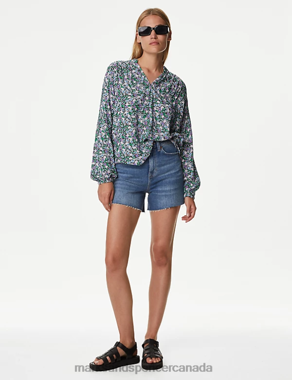 Marks and Spencer near me - Women Dark Blue Mix Clothing Marks & Spencer Printed Regular Fit Long Sleeve Blouse 20VTD835