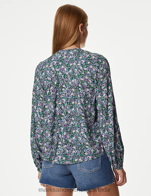 Marks and Spencer near me - Women Dark Blue Mix Clothing Marks & Spencer Printed Regular Fit Long Sleeve Blouse 20VTD835